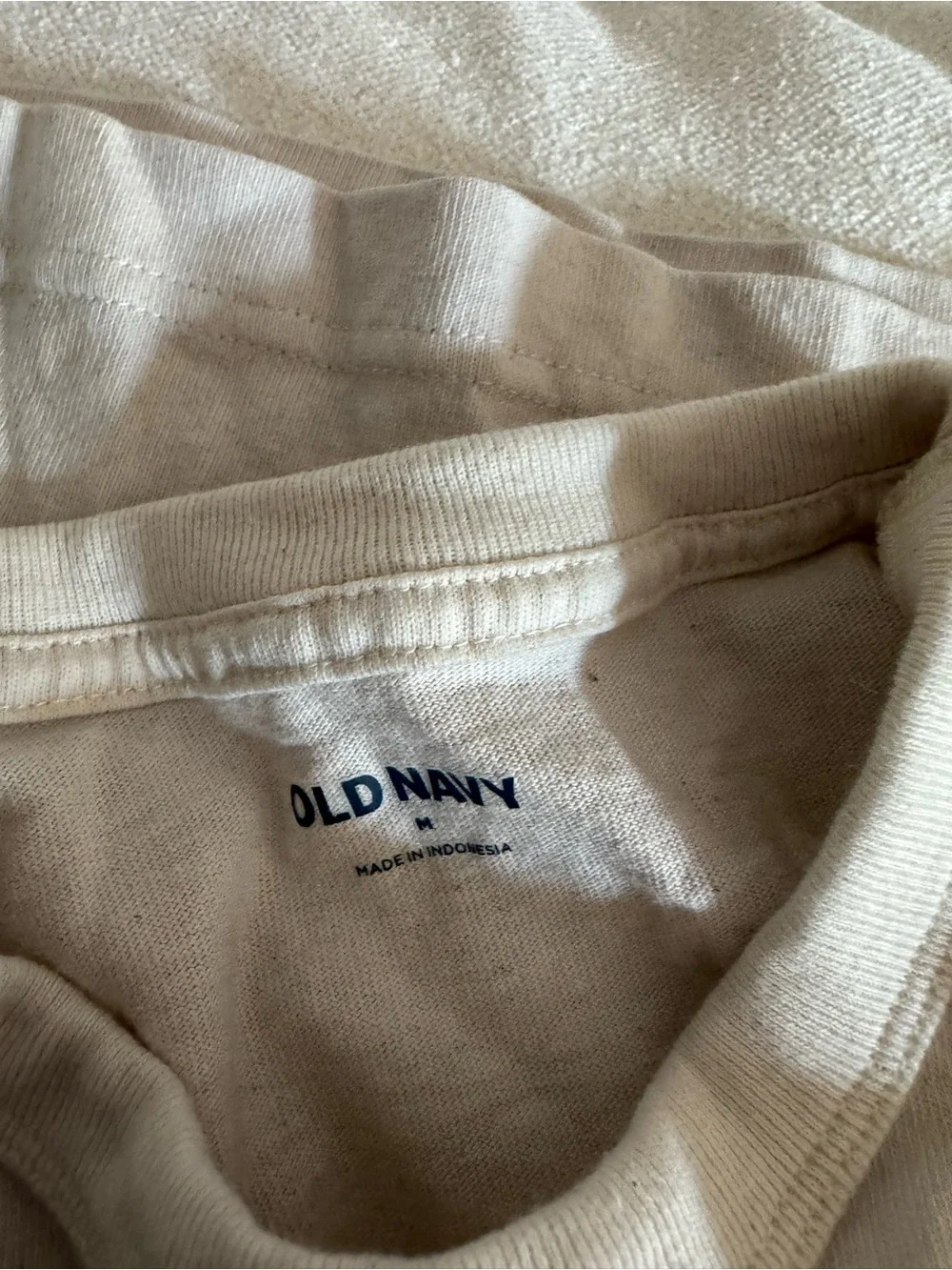 Old Navy White Short-Sleeve Tee with Navy Sleeve Stripes